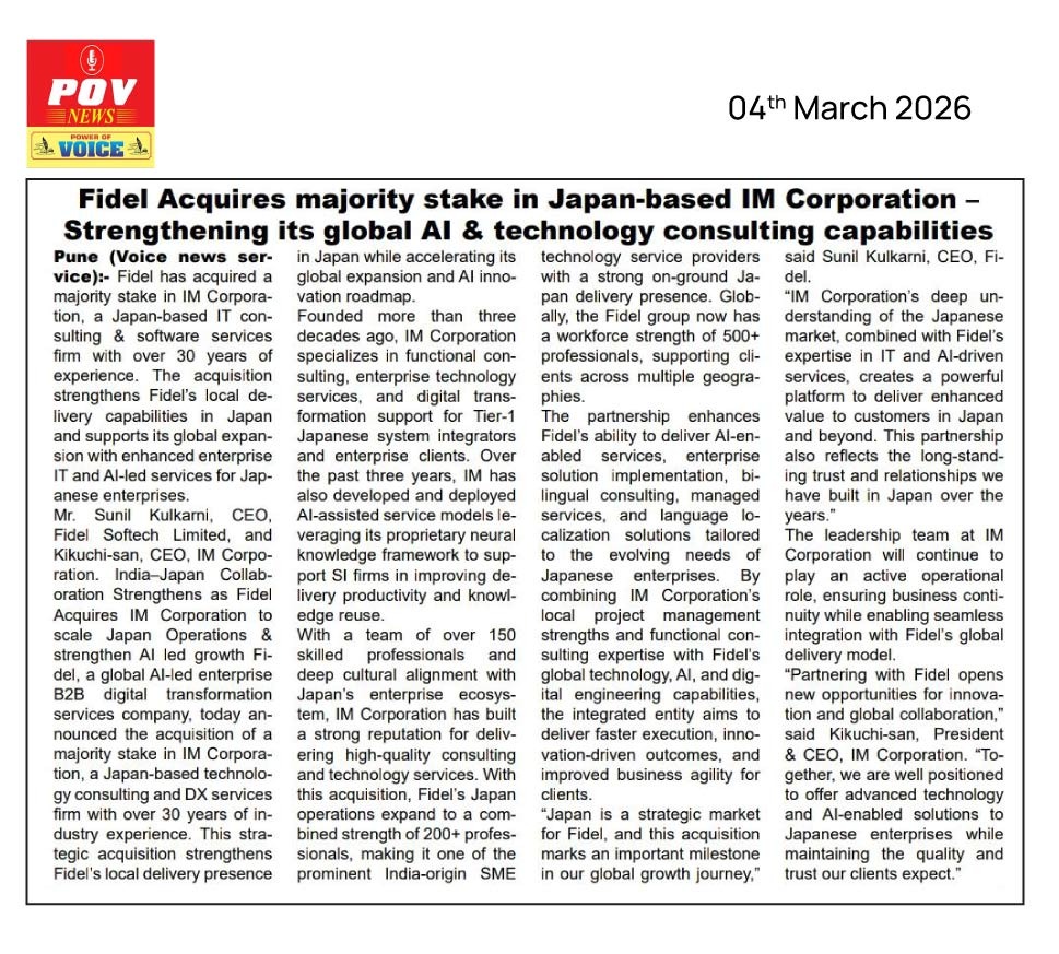 Fidel acquired IM Corporation Japan, News pov